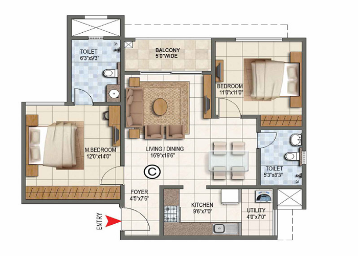 Godrej Palm Court 3 BHK Floor Plan